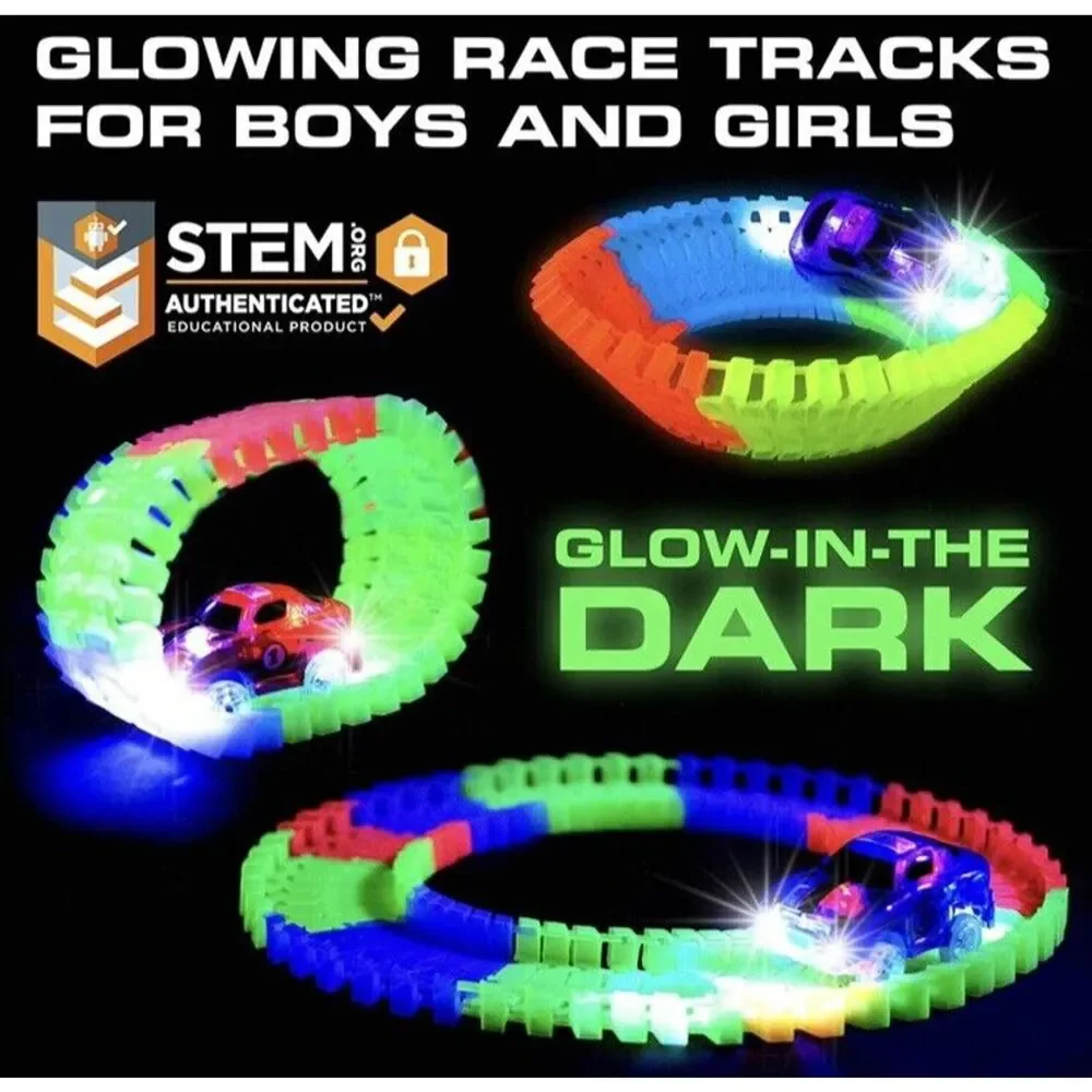 SNAP N GLOW TRAX LIGHT SPEEDWAY SET Racetrack 2 LED CARS Glow in the dark